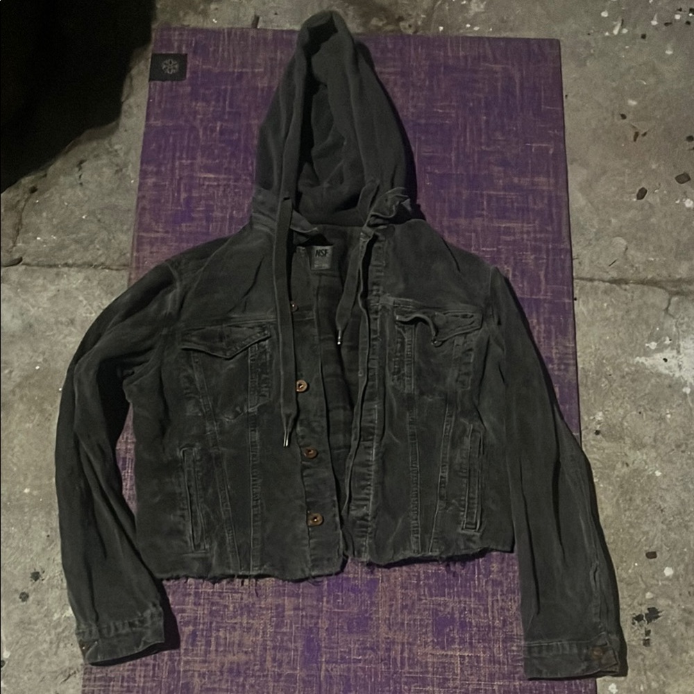 NSF Black Distressed Hooded Jean Jacket